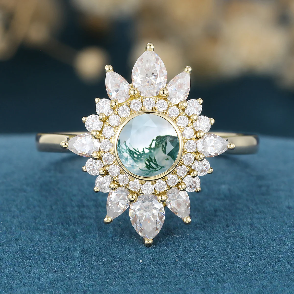 Bezel Set Round cut Halo Moss Agate Gold Engagement Ring - Image 8