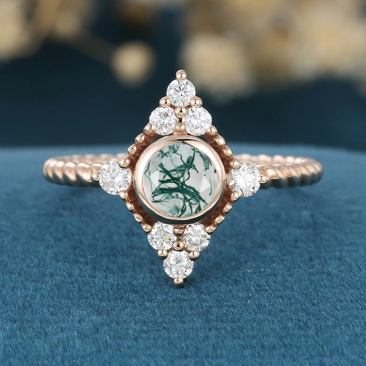 Bezel SetSet Round cut Moss Agate Halo Gold Engagement Ring - Image 3