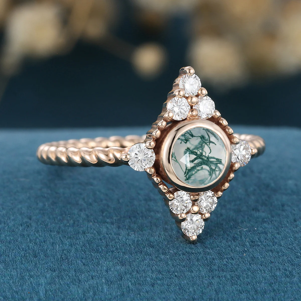 Bezel SetSet Round cut Moss Agate Halo Gold Engagement Ring - Image 4