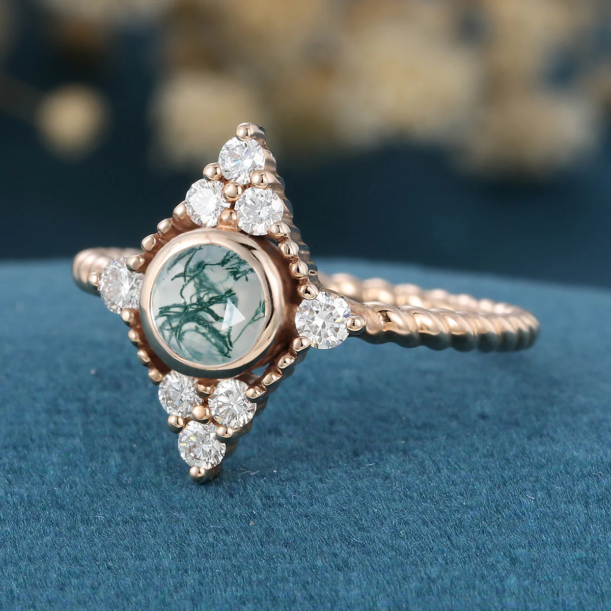 Bezel SetSet Round cut Moss Agate Halo Gold Engagement Ring - Image 5