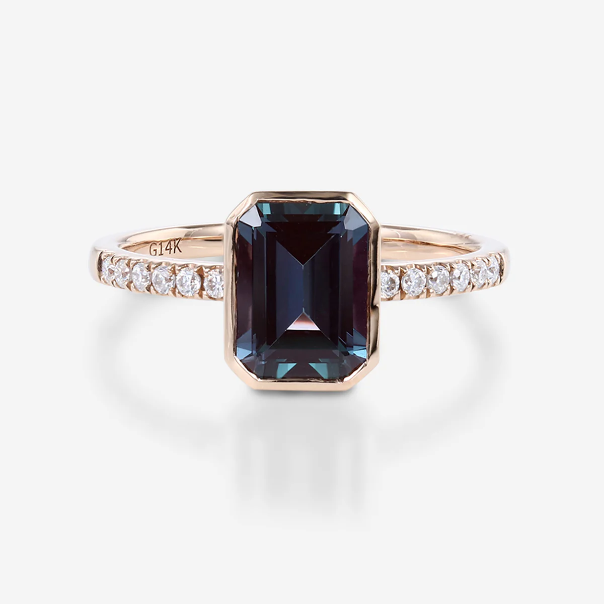 Bezel setting Emerald cut Lab Alexandrite Half Eternity Moissanite | Diamond Gold Engagement Ring