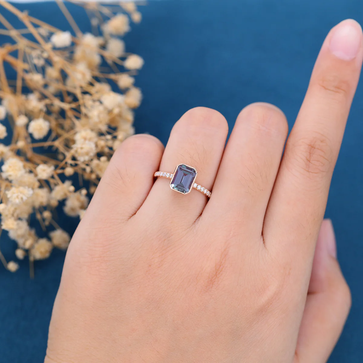 Bezel setting Emerald cut Lab Alexandrite Half Eternity Moissanite | Diamond Gold Engagement Ring - Image 2