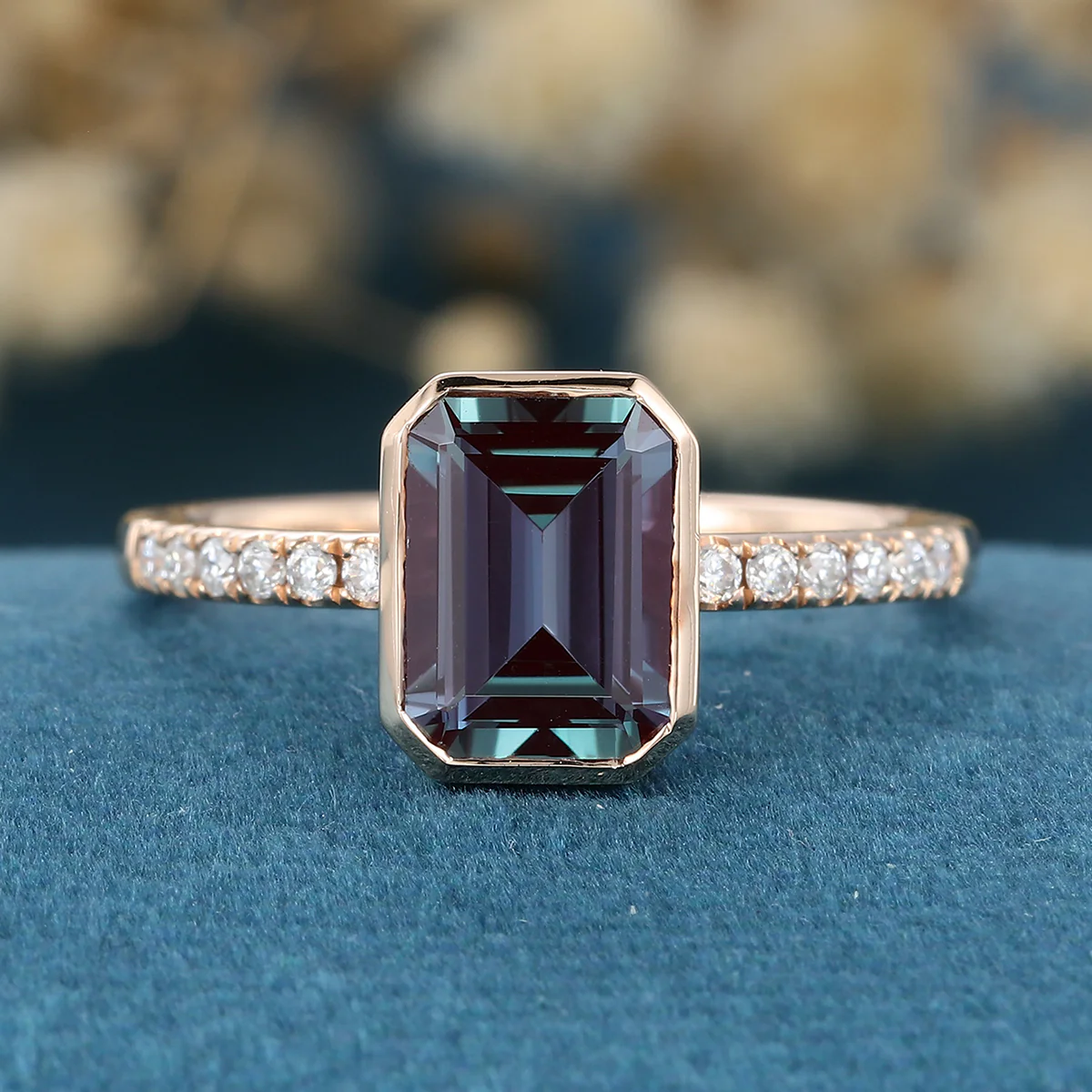 Bezel setting Emerald cut Lab Alexandrite Half Eternity Moissanite | Diamond Gold Engagement Ring - Image 3