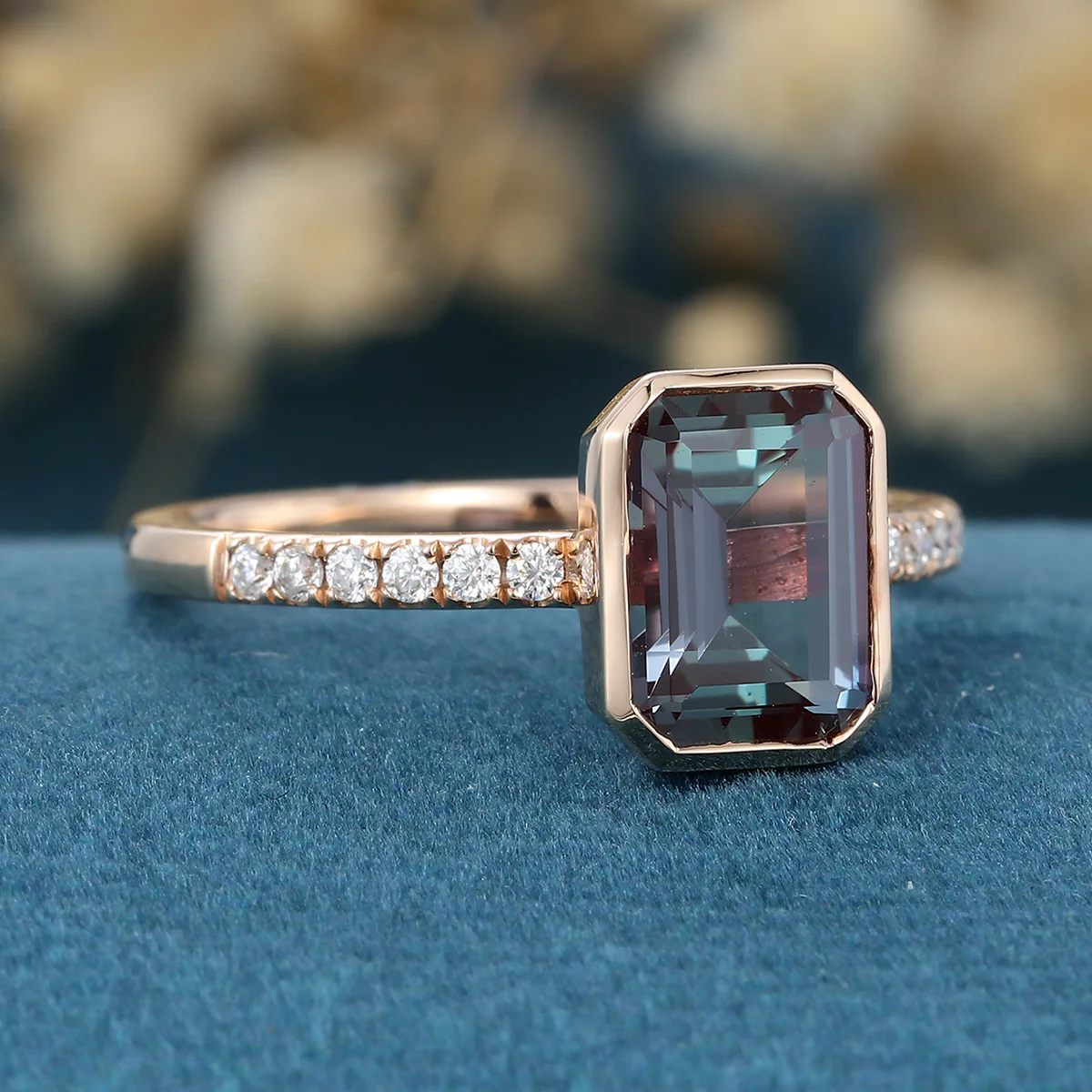 Bezel setting Emerald cut Lab Alexandrite Half Eternity Moissanite | Diamond Gold Engagement Ring - Image 4