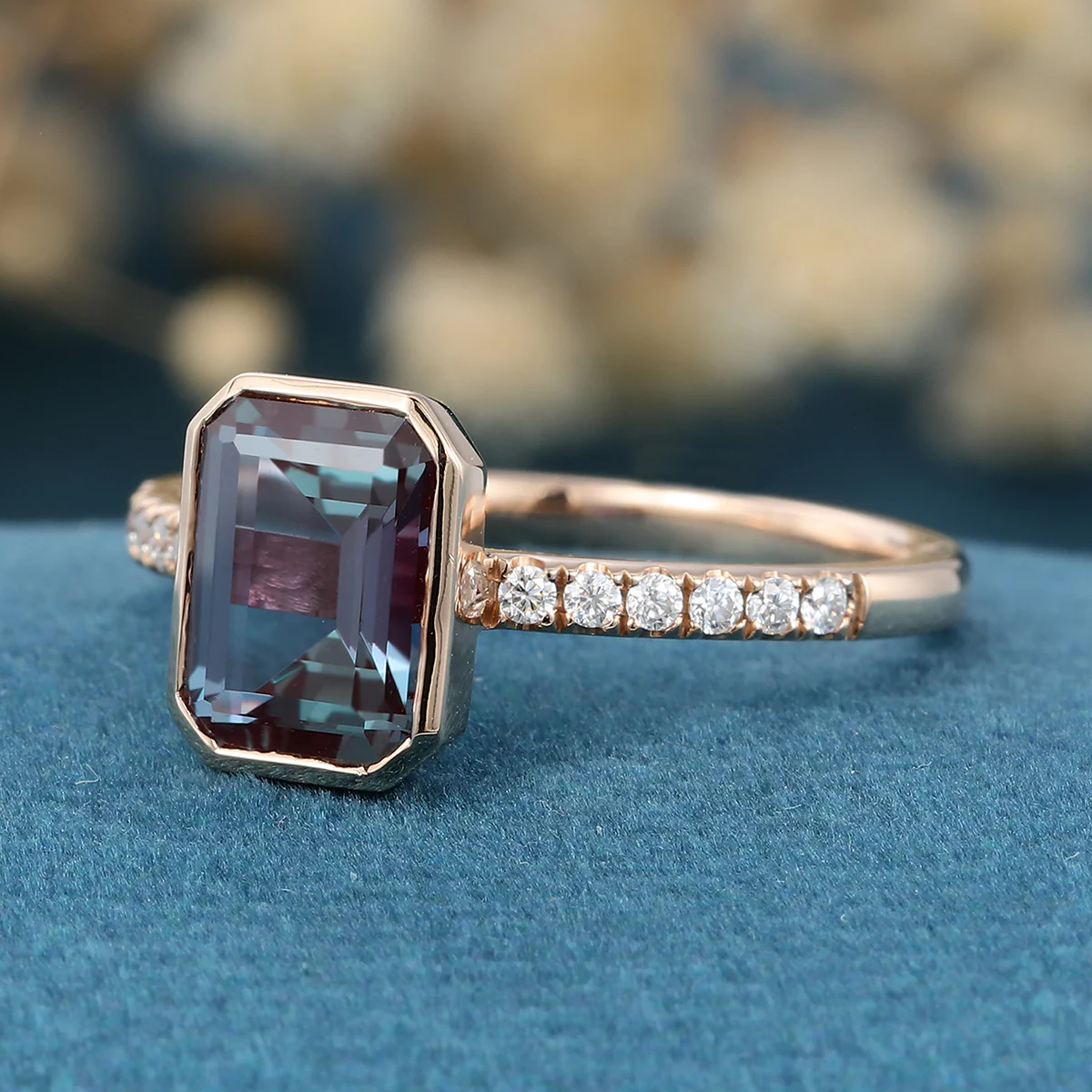Bezel setting Emerald cut Lab Alexandrite Half Eternity Moissanite | Diamond Gold Engagement Ring - Image 5
