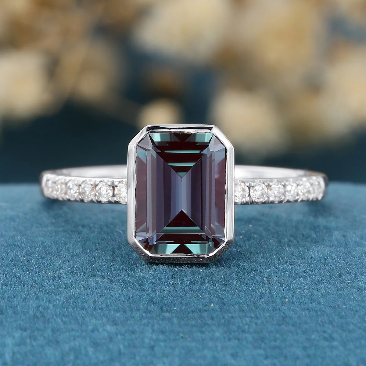 Bezel setting Emerald cut Lab Alexandrite Half Eternity Moissanite | Diamond Gold Engagement Ring - Image 7