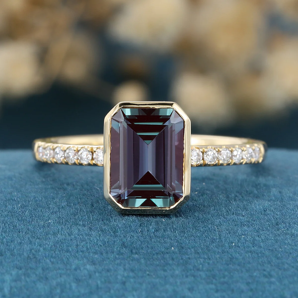 Bezel setting Emerald cut Lab Alexandrite Half Eternity Moissanite | Diamond Gold Engagement Ring - Image 8