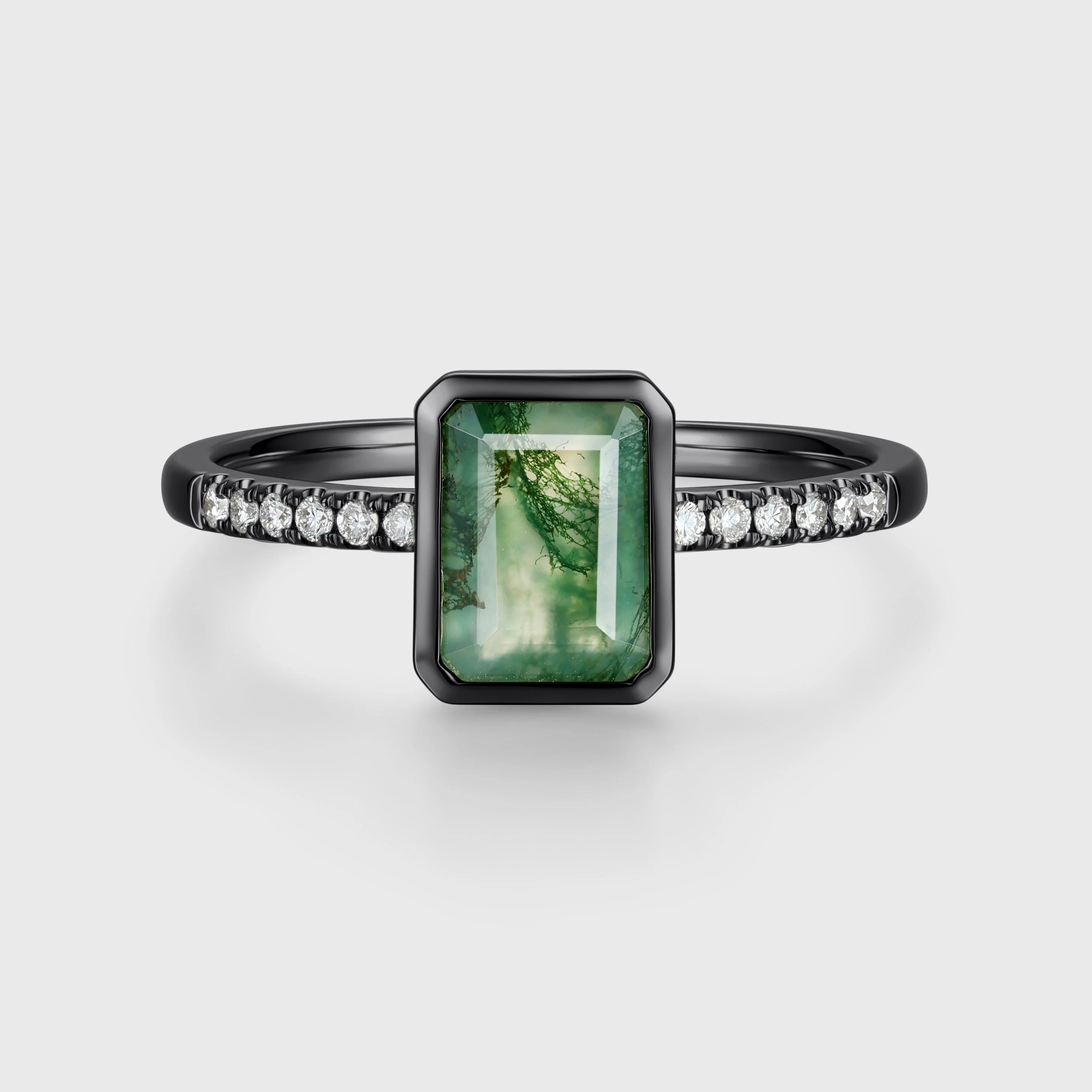 Bezel setting Emerald cut Moss Agate Half Eternity  Moissanite | Diamond Gold Engagement Ring - Image 10