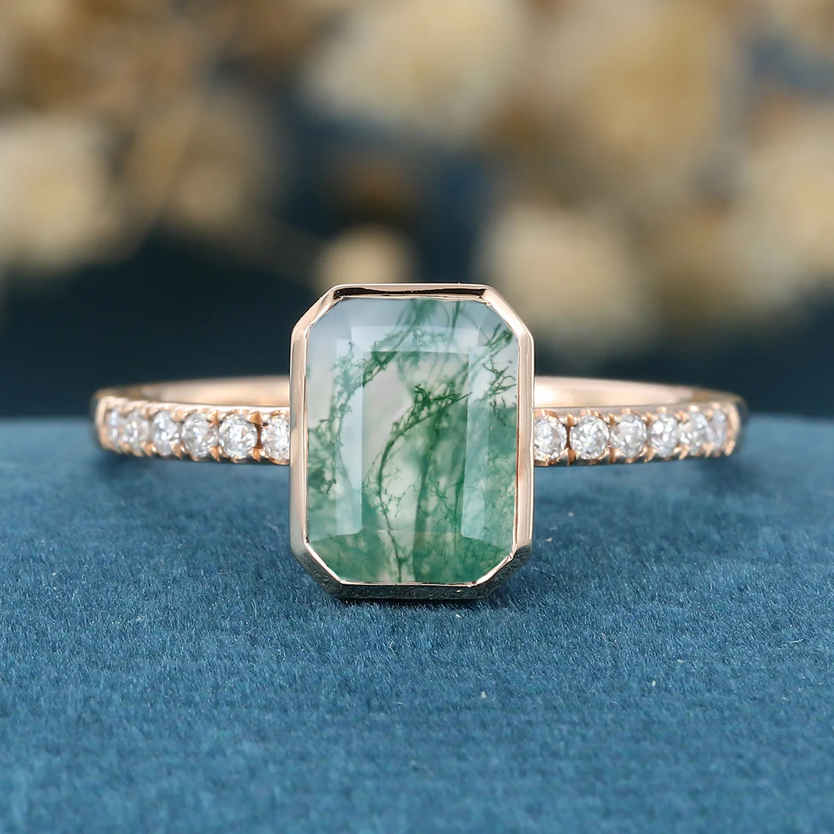 Bezel setting Emerald cut Moss Agate Half Eternity  Moissanite | Diamond Gold Engagement Ring - Image 3