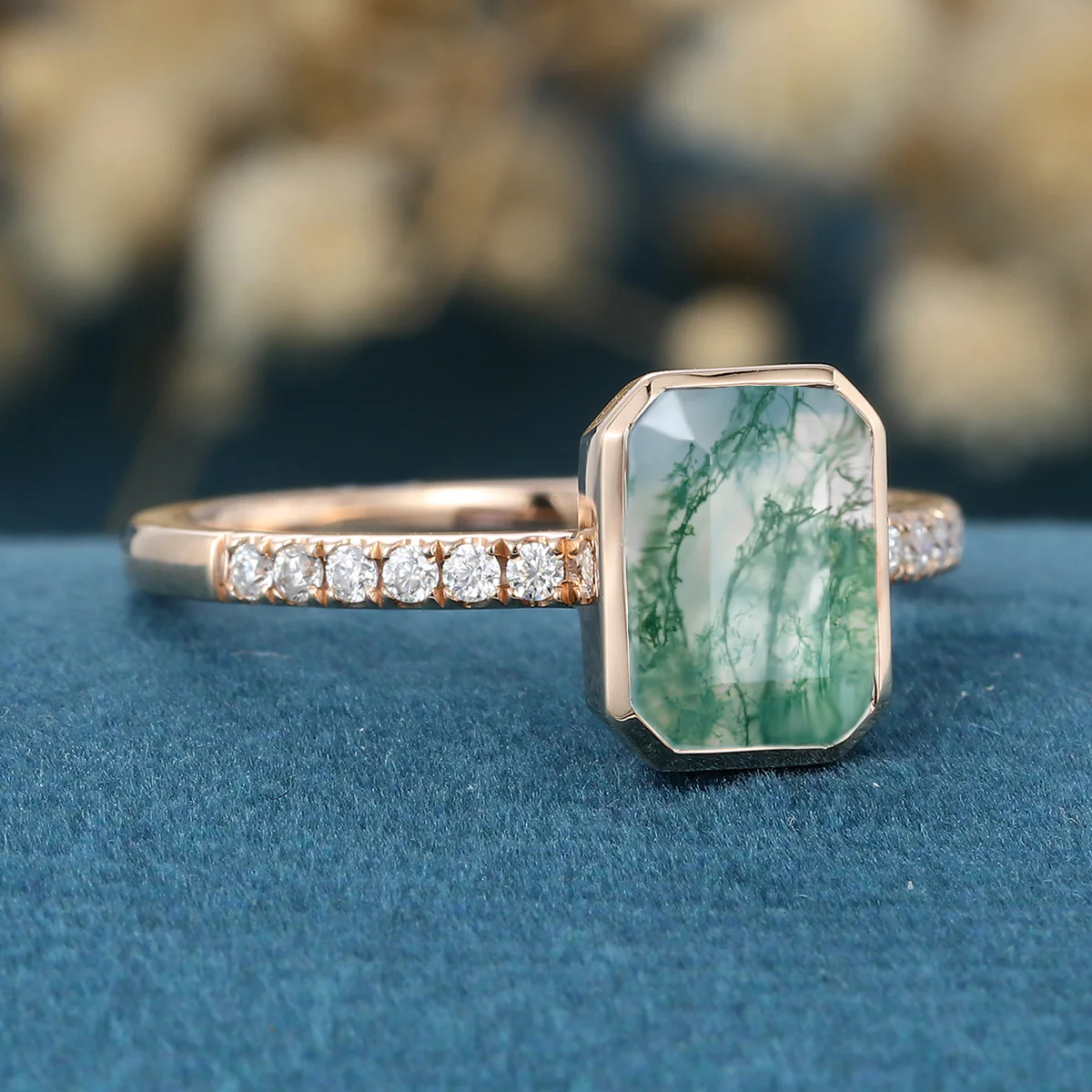 Bezel setting Emerald cut Moss Agate Half Eternity  Moissanite | Diamond Gold Engagement Ring - Image 4