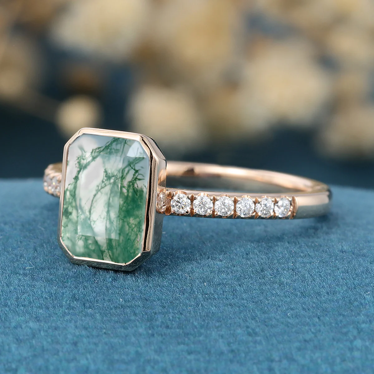 Bezel setting Emerald cut Moss Agate Half Eternity  Moissanite | Diamond Gold Engagement Ring - Image 5