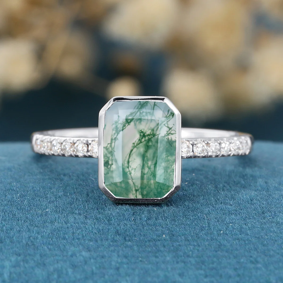 Bezel setting Emerald cut Moss Agate Half Eternity  Moissanite | Diamond Gold Engagement Ring - Image 6