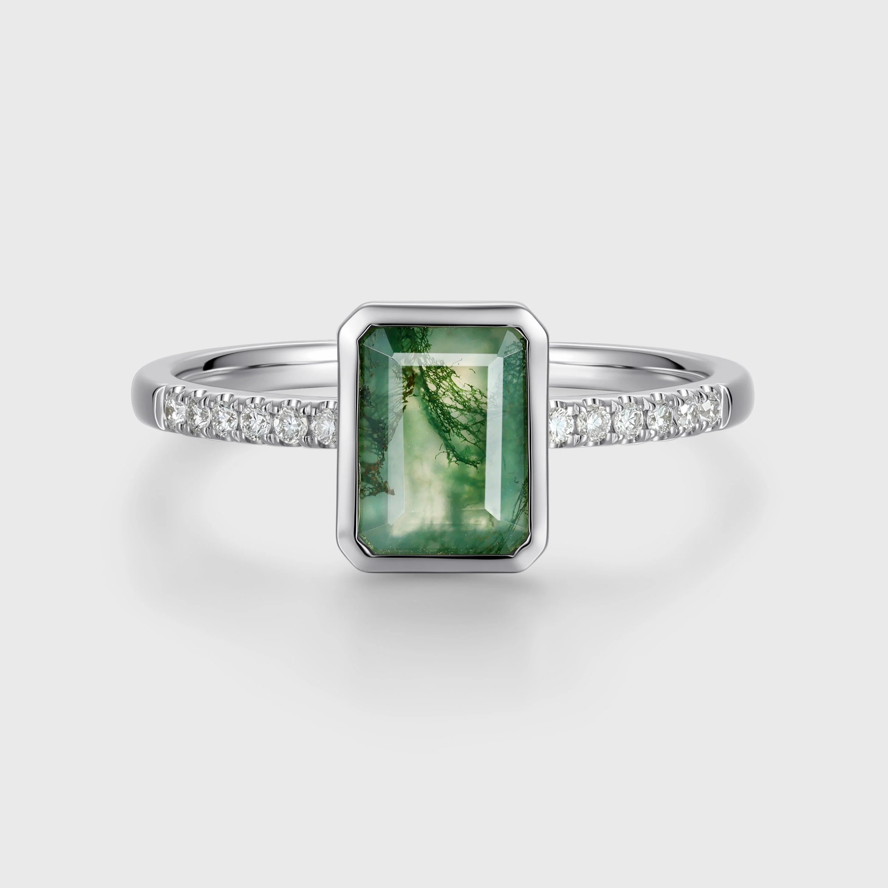 Bezel setting Emerald cut Moss Agate Half Eternity  Moissanite | Diamond Gold Engagement Ring - Image 7