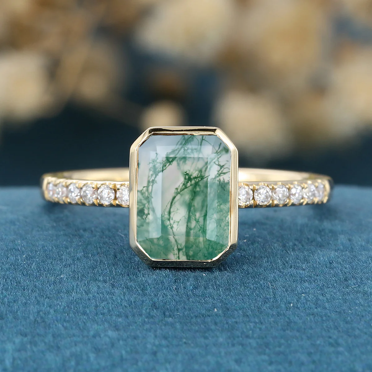 Bezel setting Emerald cut Moss Agate Half Eternity  Moissanite | Diamond Gold Engagement Ring - Image 8