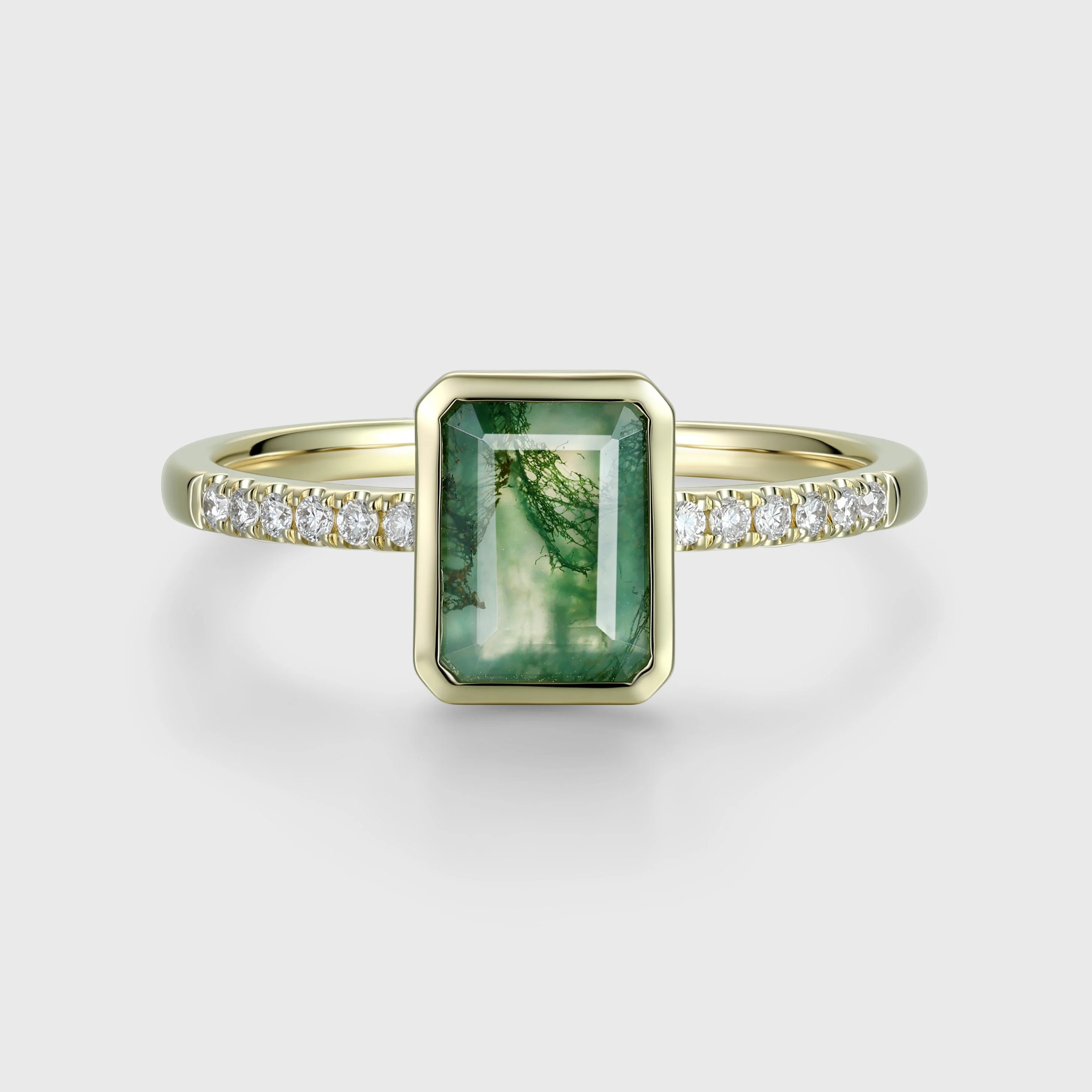 Bezel setting Emerald cut Moss Agate Half Eternity  Moissanite | Diamond Gold Engagement Ring - Image 9