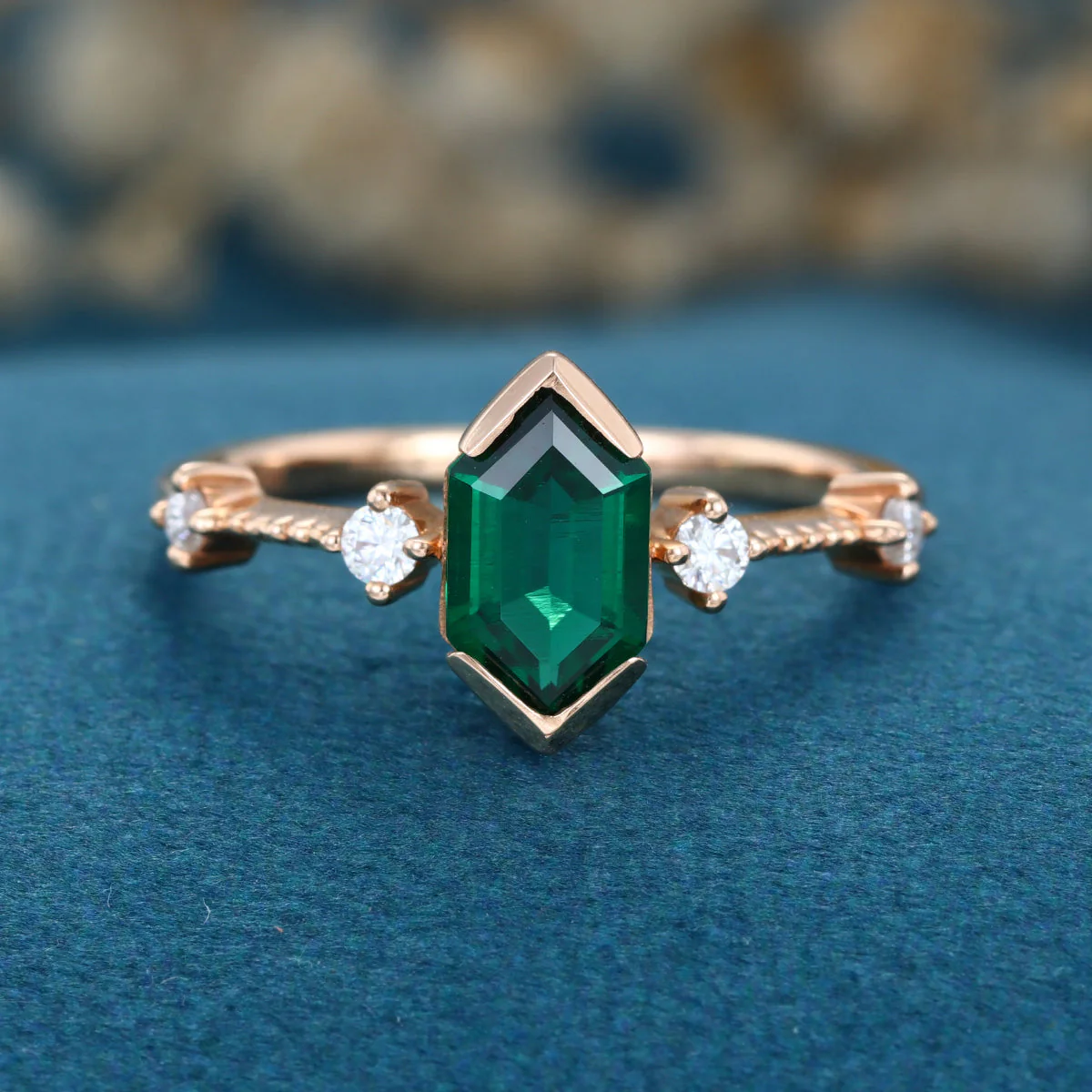 Bezel setting Hexagon cut Lab grown Emerald Solid Gold Engagement Ring - Image 9
