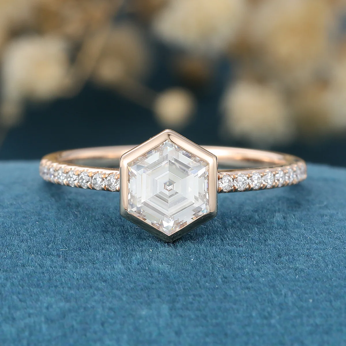 Bezel setting Hexagon cut Moissanite Half Eternity Gold Engagement Ring - Image 6