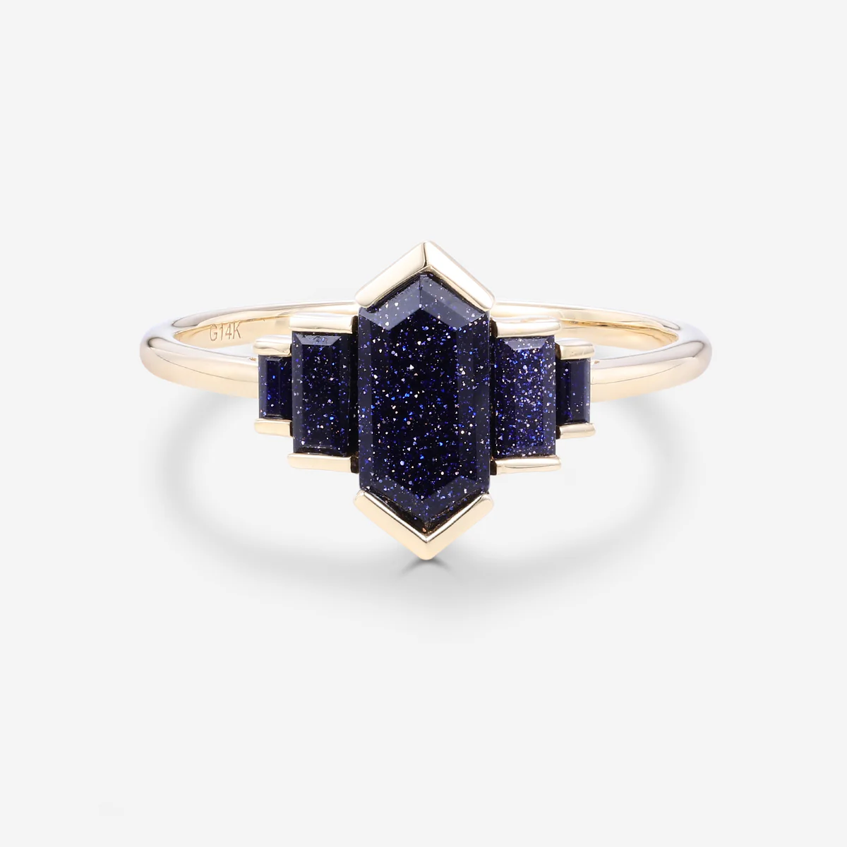 Bezel setting Long Hexagon cut Blue Sandstone Engagement Ring