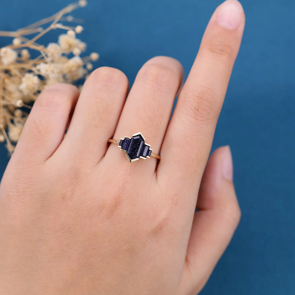Bezel setting Long Hexagon cut Blue Sandstone Engagement Ring - Image 2