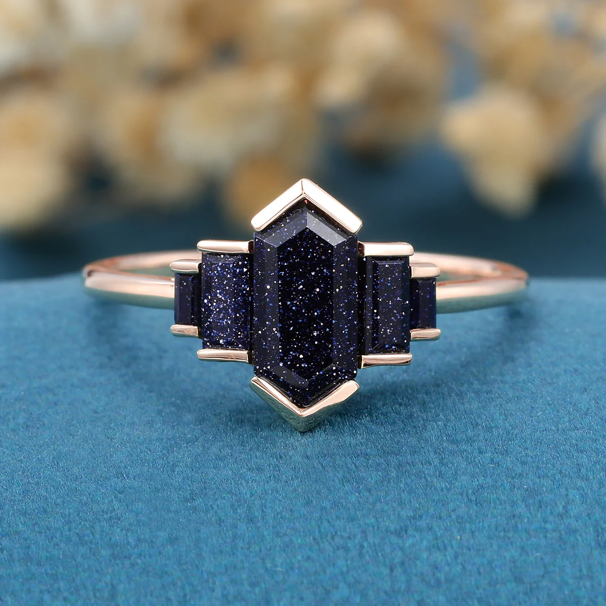 Bezel setting Long Hexagon cut Blue Sandstone Engagement Ring - Image 3