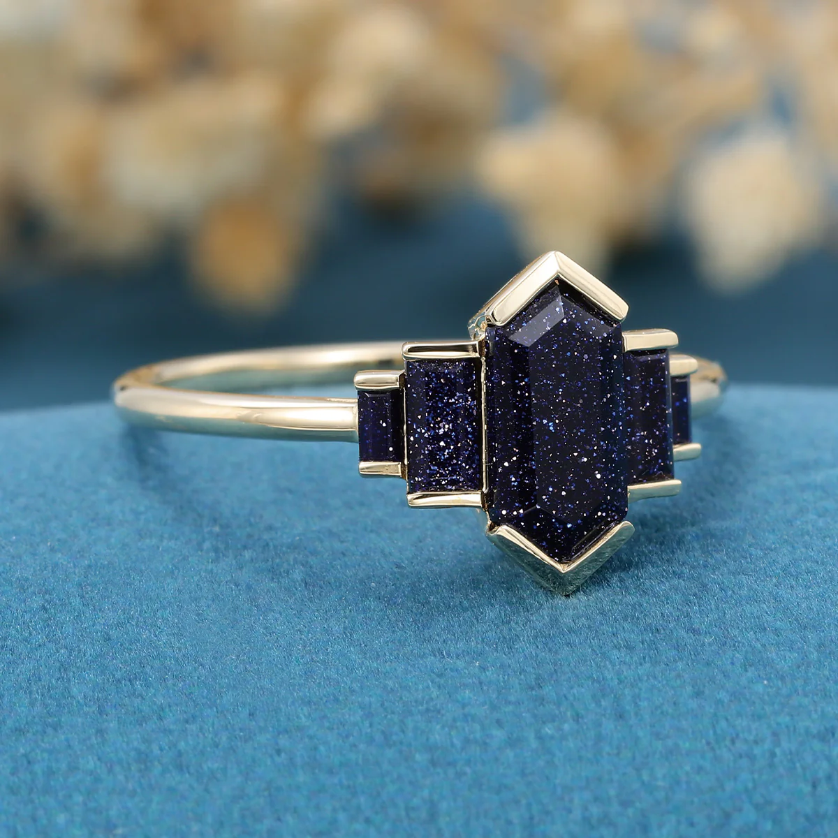 Bezel setting Long Hexagon cut Blue Sandstone Engagement Ring - Image 4