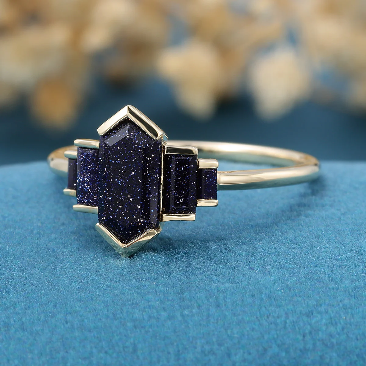 Bezel setting Long Hexagon cut Blue Sandstone Engagement Ring - Image 5