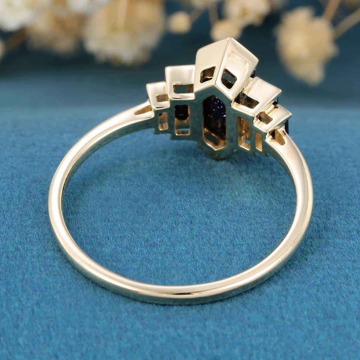 Bezel setting Long Hexagon cut Blue Sandstone Engagement Ring - Image 6
