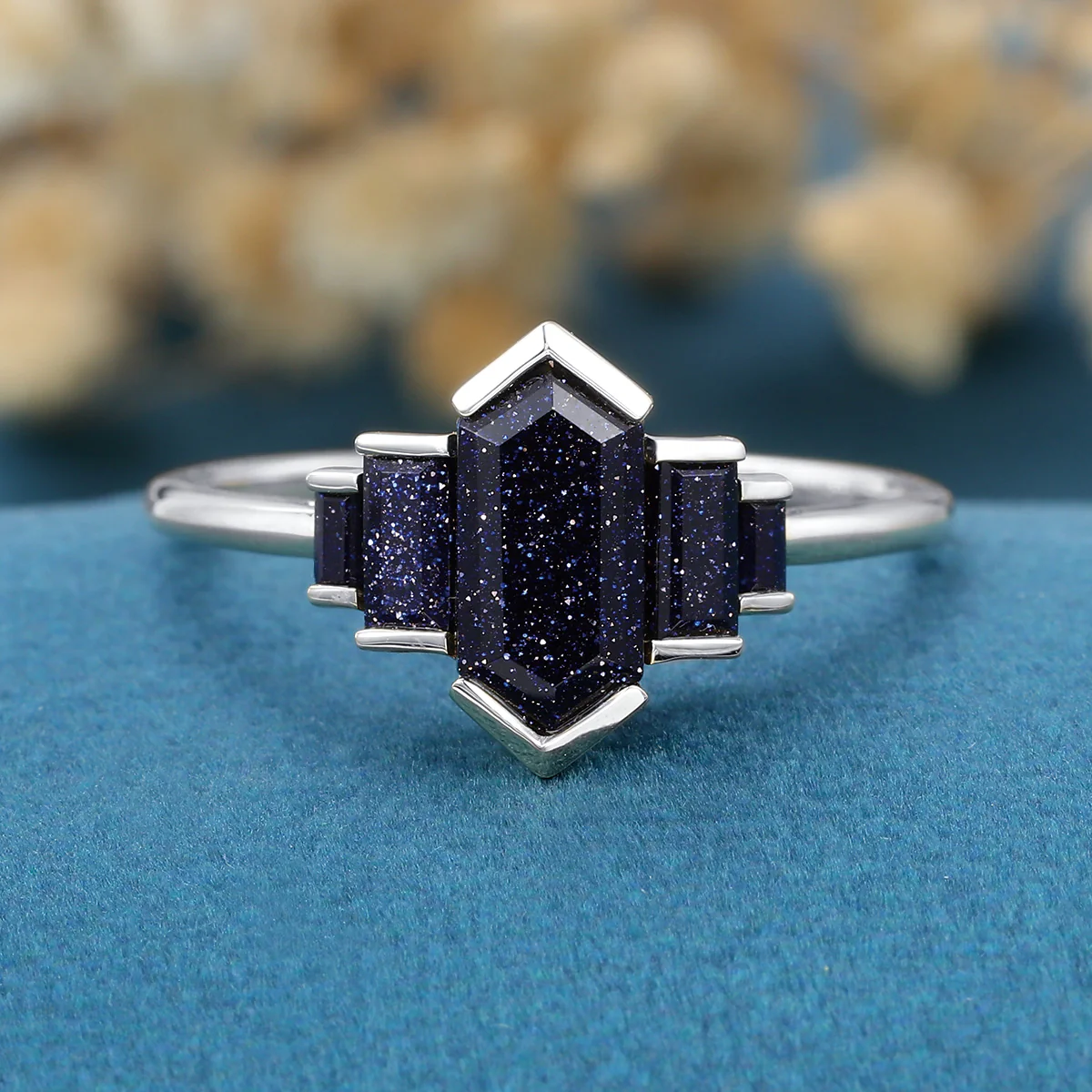 Bezel setting Long Hexagon cut Blue Sandstone Engagement Ring - Image 8