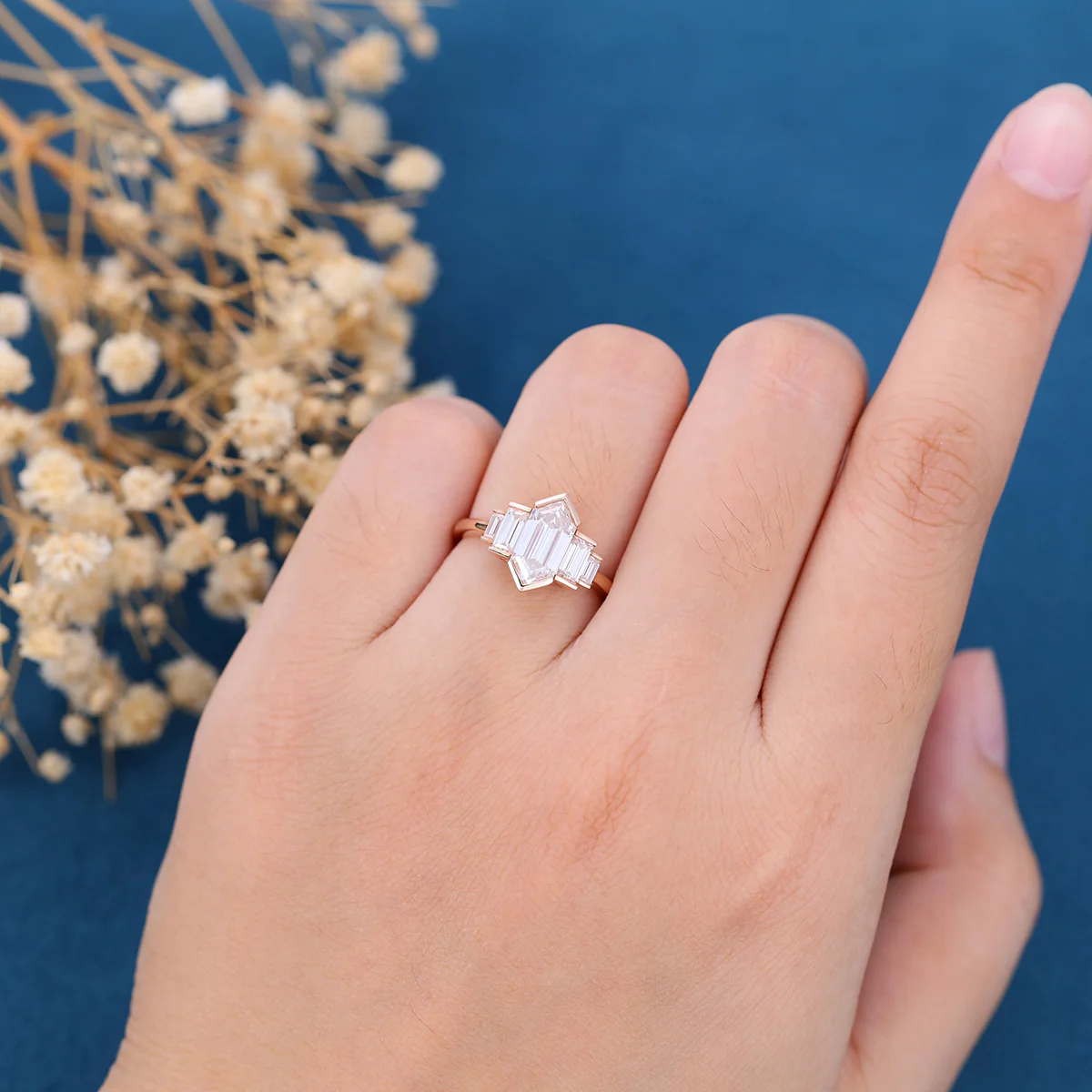 Bezel setting Long Hexagon cut Moissanite Gold Engagement Ring - Image 2