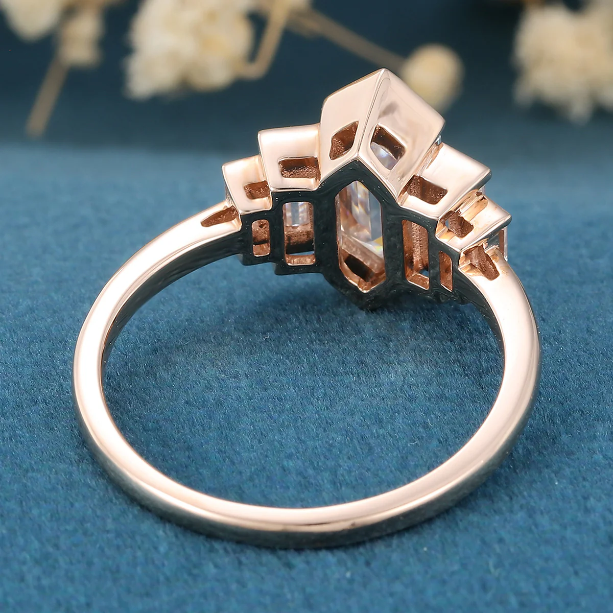 Bezel setting Long Hexagon cut Moissanite Gold Engagement Ring - Image 3