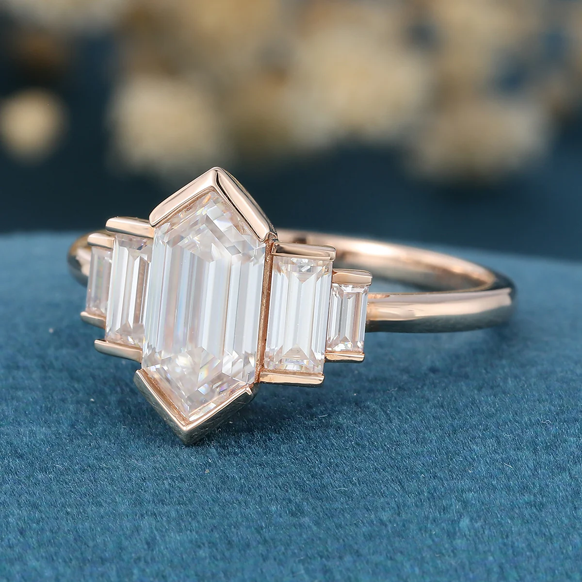 Bezel setting Long Hexagon cut Moissanite Gold Engagement Ring - Image 6