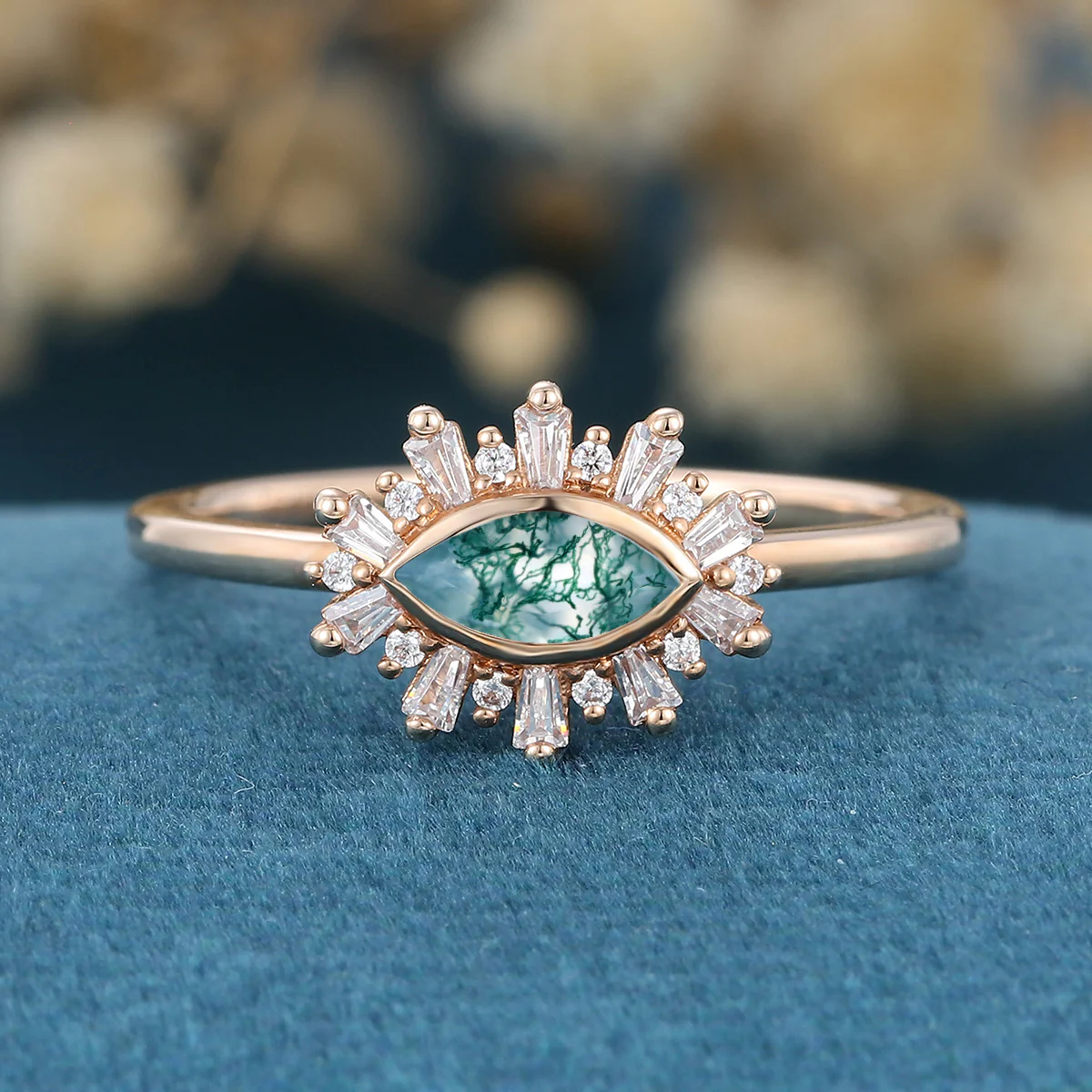 Bezel setting Marquise cut Moss Agate Halo Moissanite | Diamond Gold Engagement Ring - Image 3