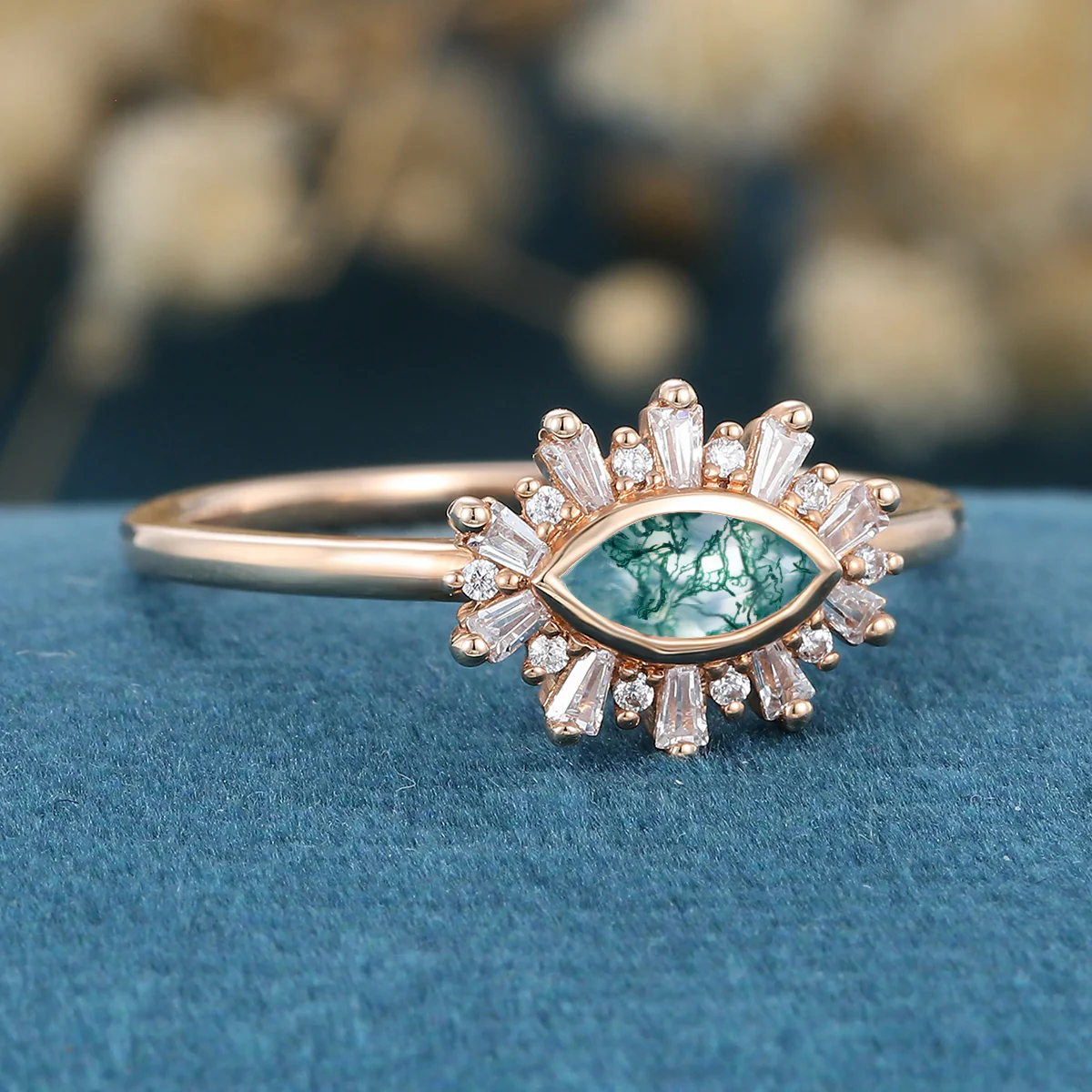 Bezel setting Marquise cut Moss Agate Halo Moissanite | Diamond Gold Engagement Ring - Image 4