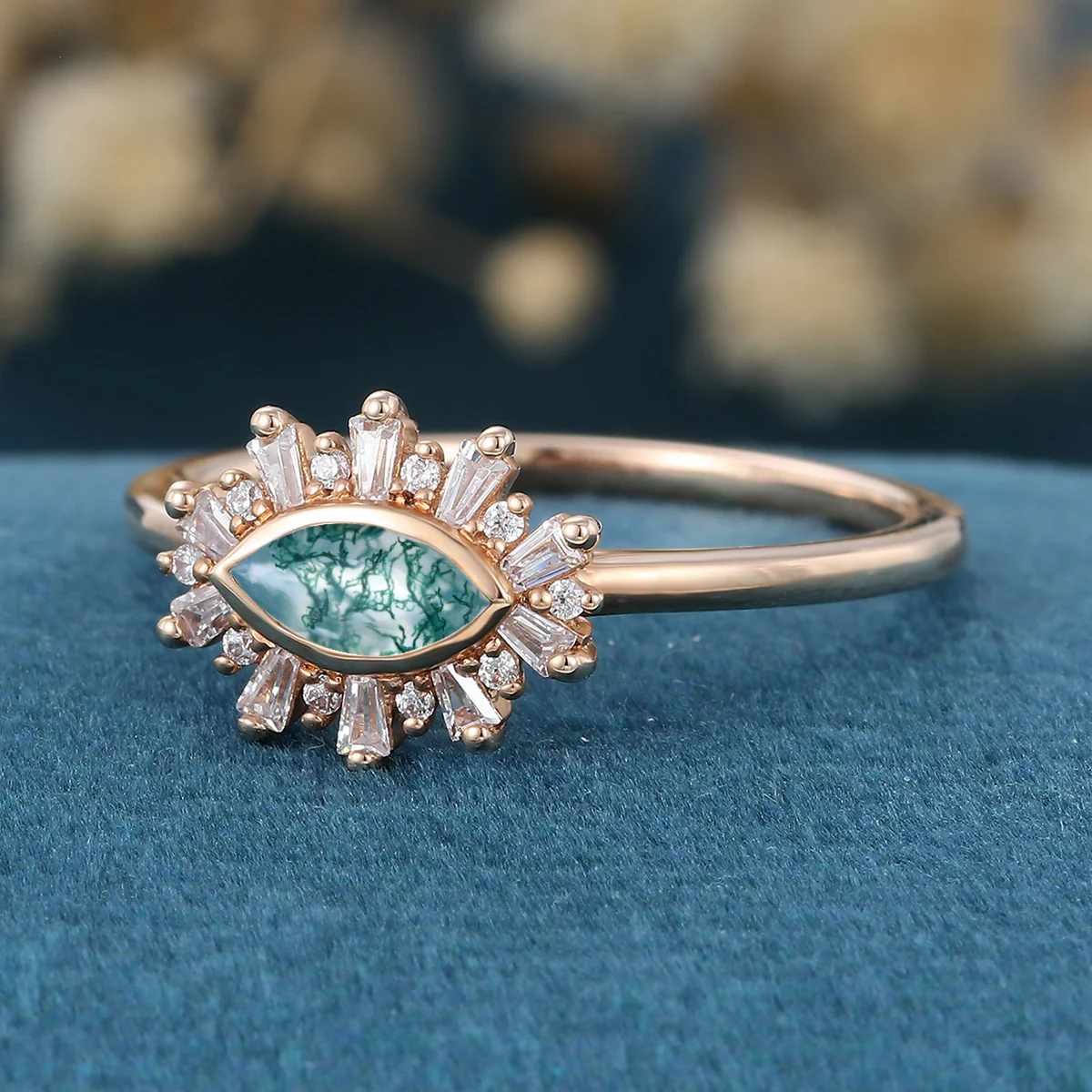 Bezel setting Marquise cut Moss Agate Halo Moissanite | Diamond Gold Engagement Ring - Image 5