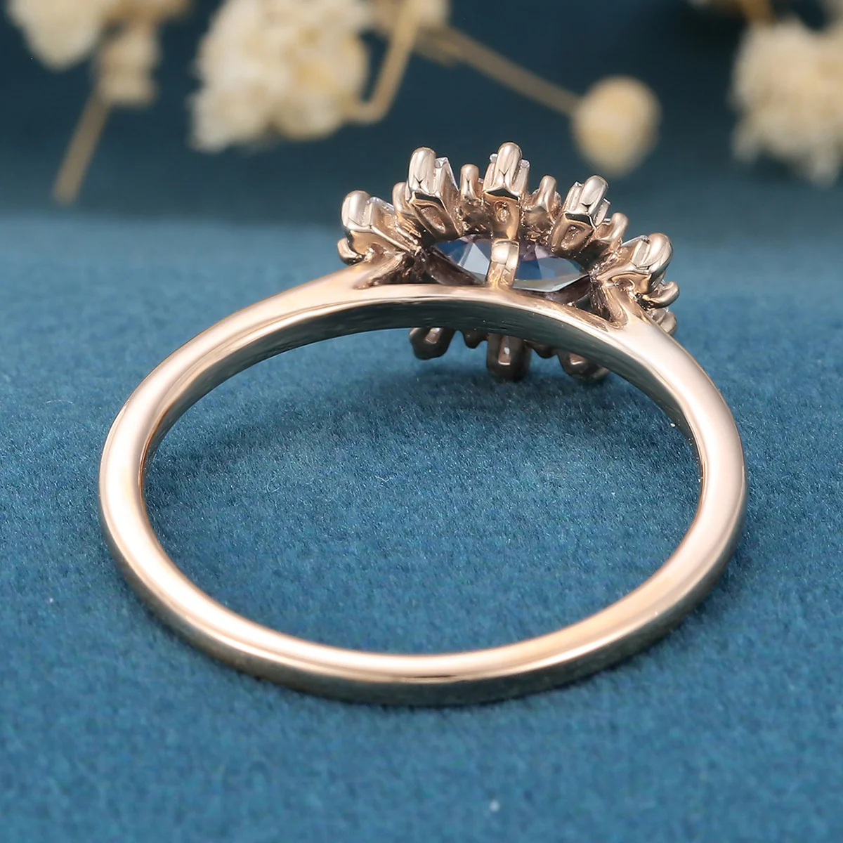 Bezel setting Marquise cut Moss Agate Halo Moissanite | Diamond Gold Engagement Ring - Image 6
