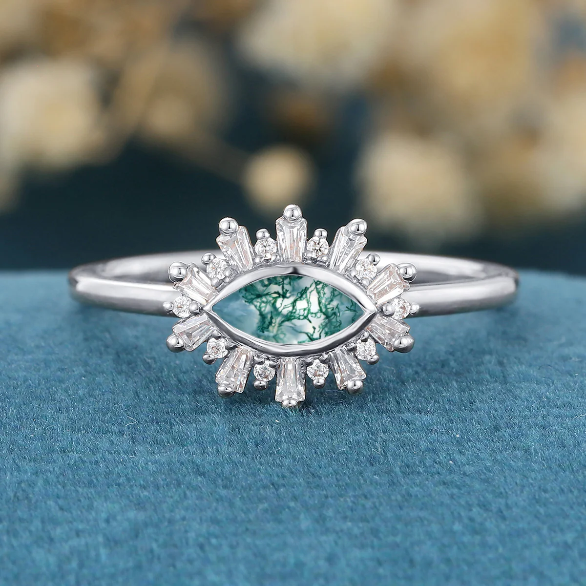 Bezel setting Marquise cut Moss Agate Halo Moissanite | Diamond Gold Engagement Ring - Image 7