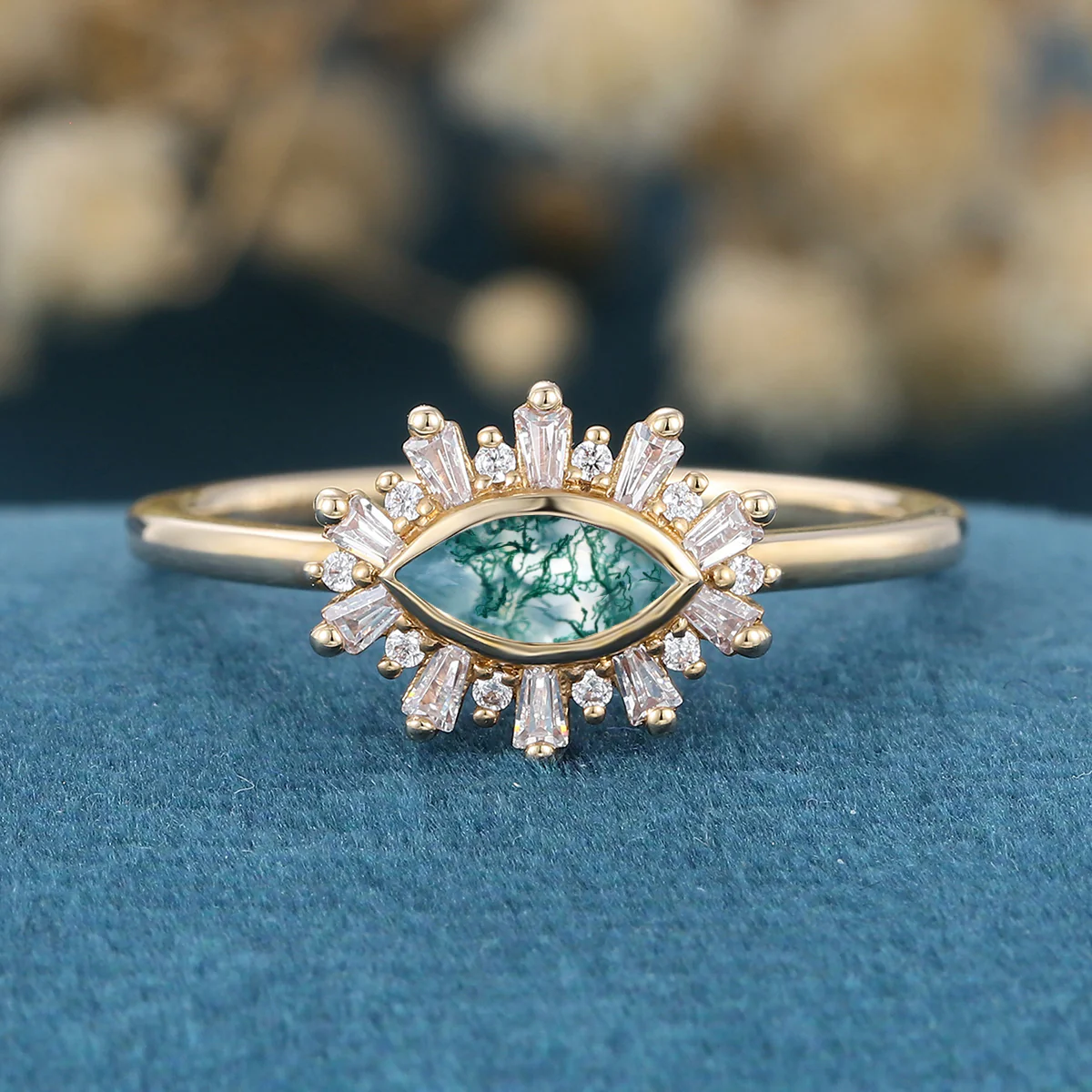 Bezel setting Marquise cut Moss Agate Halo Moissanite | Diamond Gold Engagement Ring - Image 8
