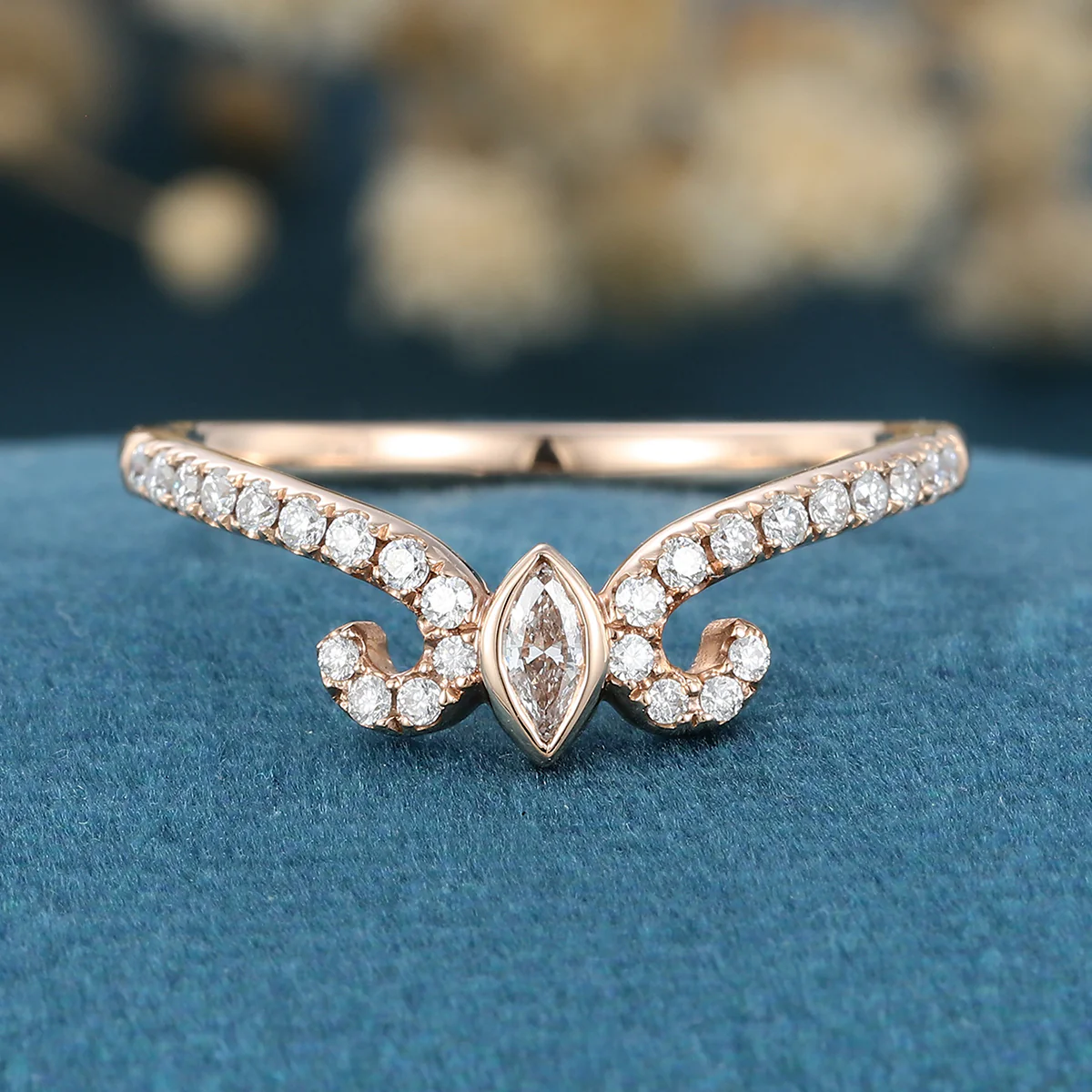 Bezel setting Marquise cut Moissanite | Diamonds Gold Wedding Band - Image 3