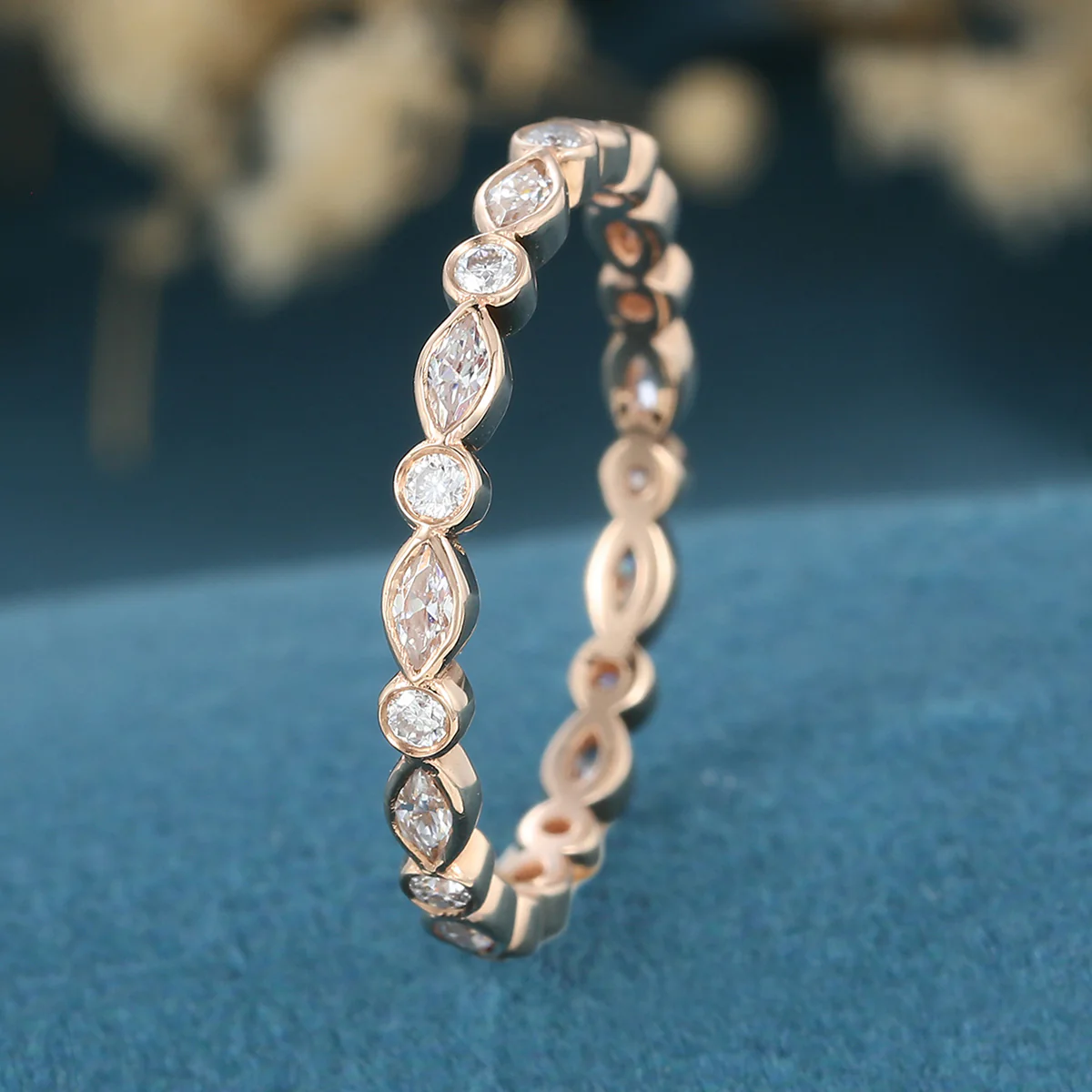 Bezel setting Marquise cut Moissanite Full Eternity Gold Wedding Band - Image 3