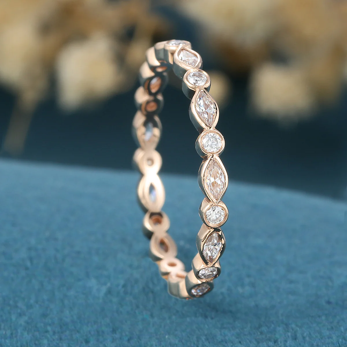 Bezel setting Marquise cut Moissanite Full Eternity Gold Wedding Band - Image 4