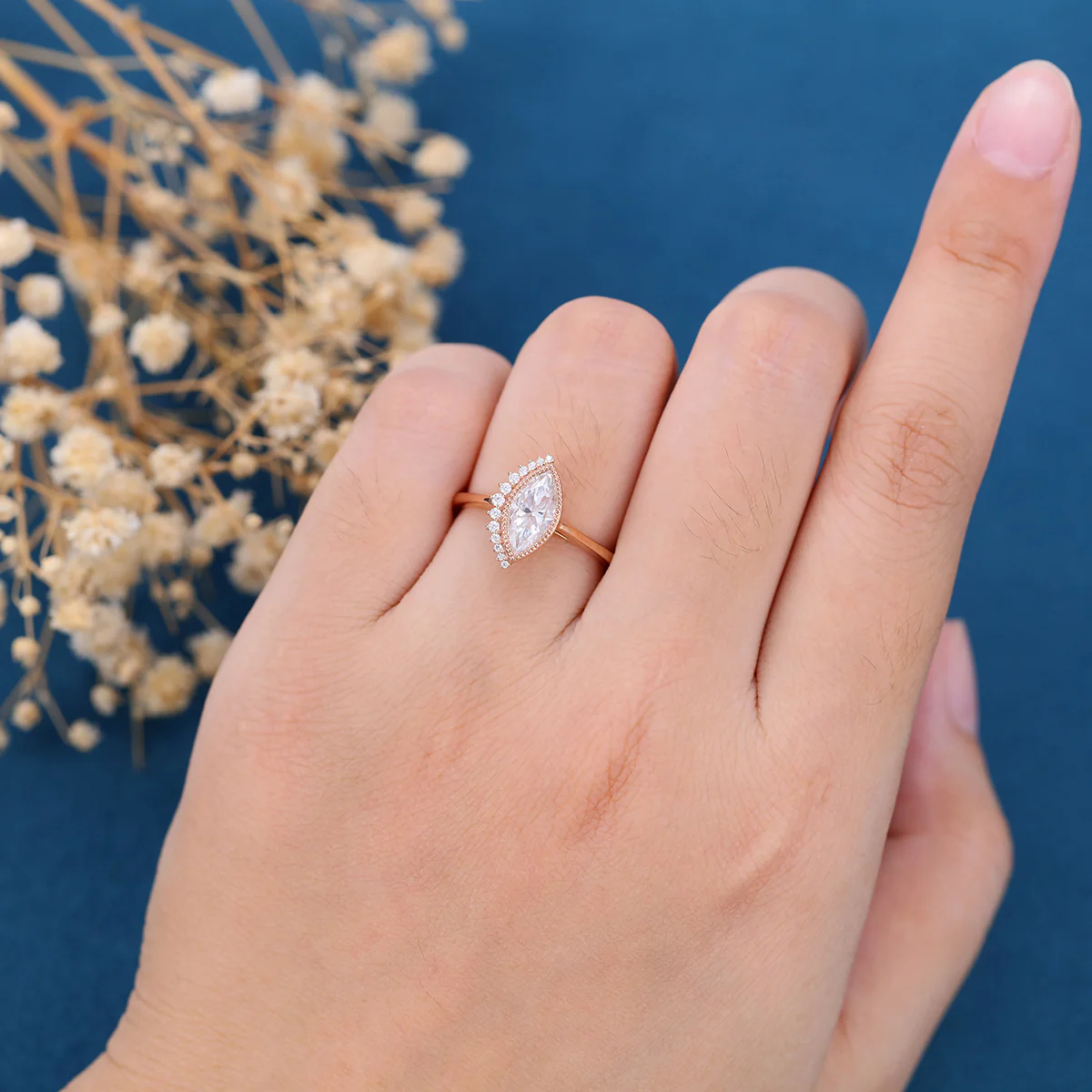 Bezel setting Marquise cut Moissanite Gold Engagement Ring - Image 2