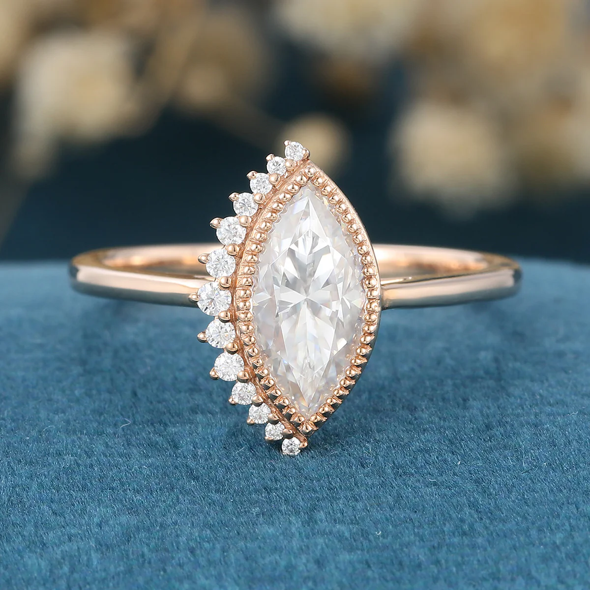 Bezel setting Marquise cut Moissanite Gold Engagement Ring - Image 3