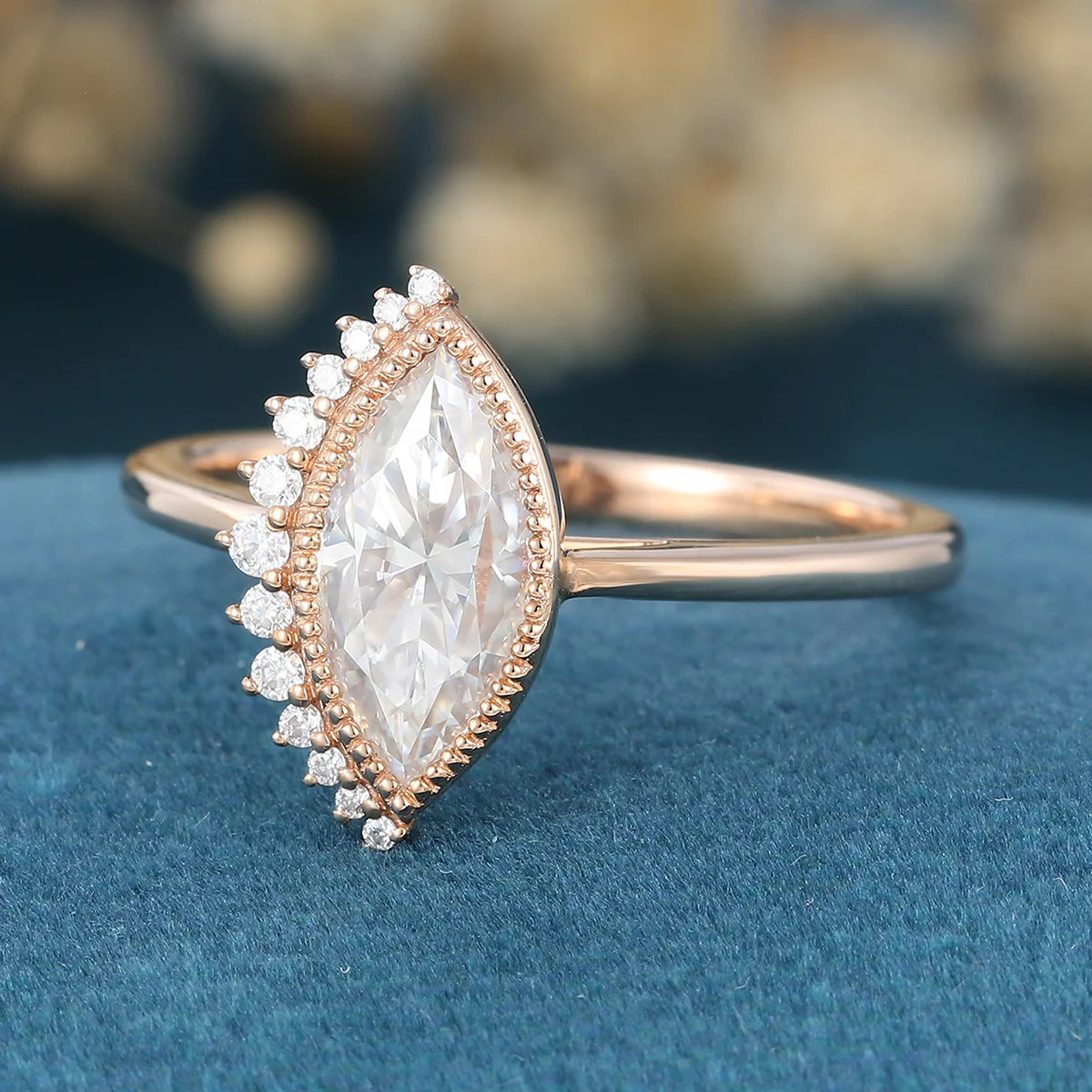 Bezel setting Marquise cut Moissanite Gold Engagement Ring - Image 5