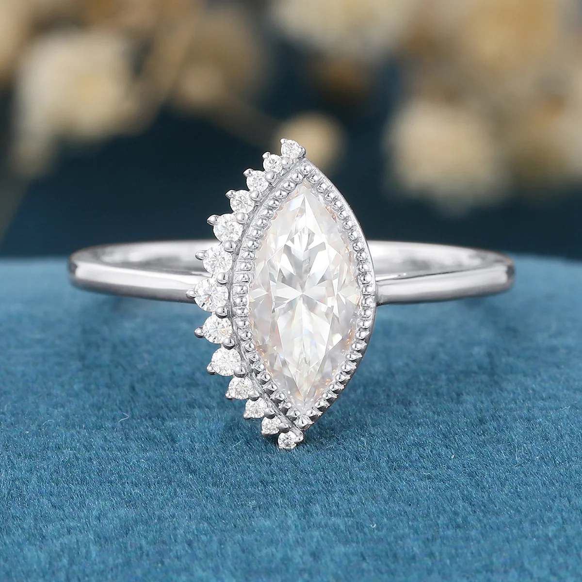 Bezel setting Marquise cut Moissanite Gold Engagement Ring - Image 7