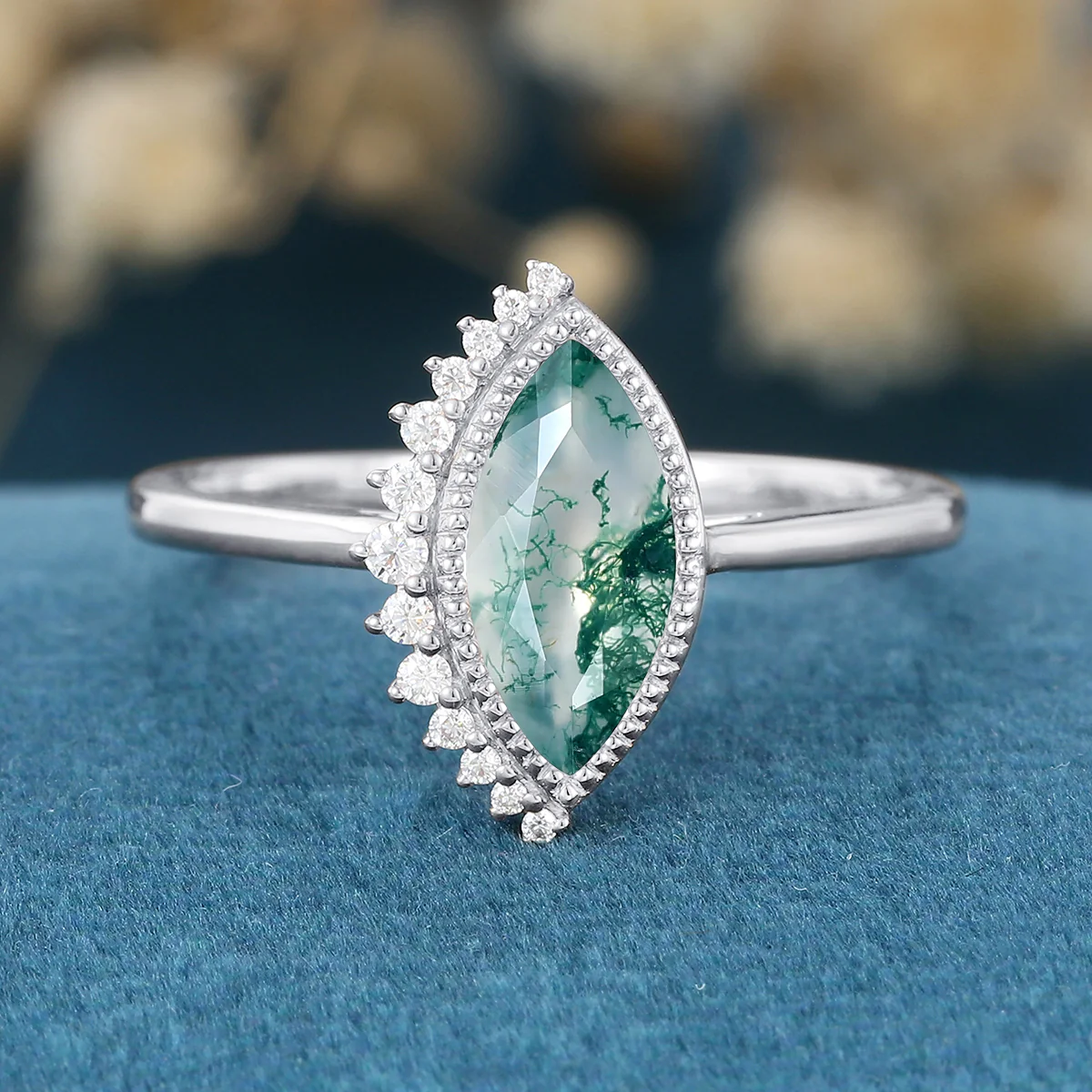 Bezel setting Marquise cut Moss Agate Gold Engagement Ring - Image 6