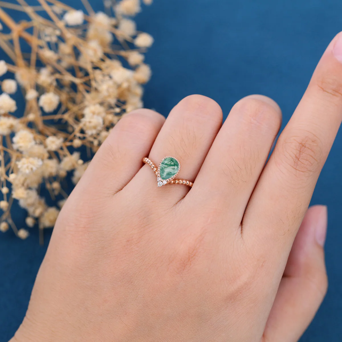 Bezel setting Marquise cut Moss Agate Gold Engagement Ring - Image 2