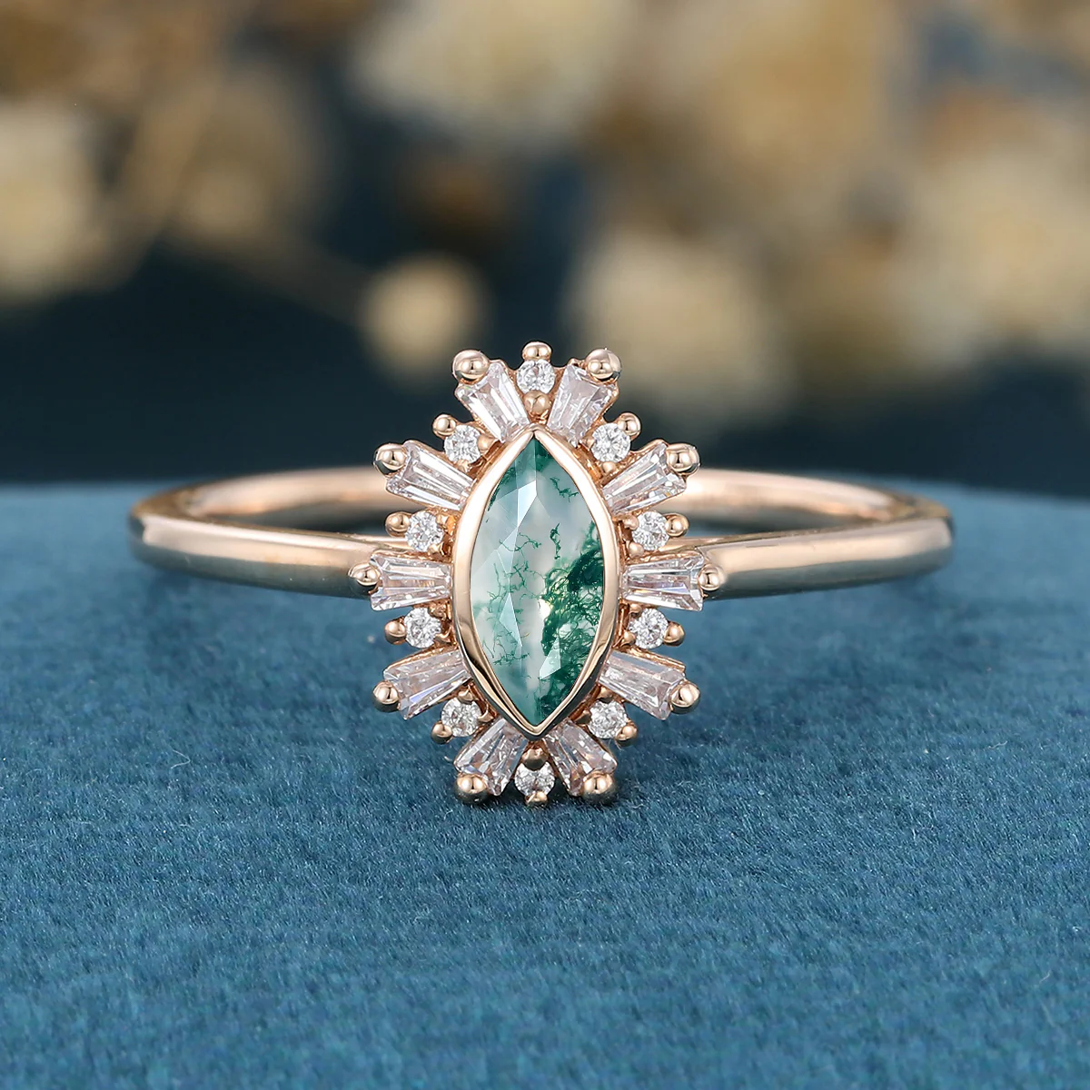 Bezel setting Marquise cut Moss Agate Halo Moissanite | Diamond Gold Engagement Ring - Image 3