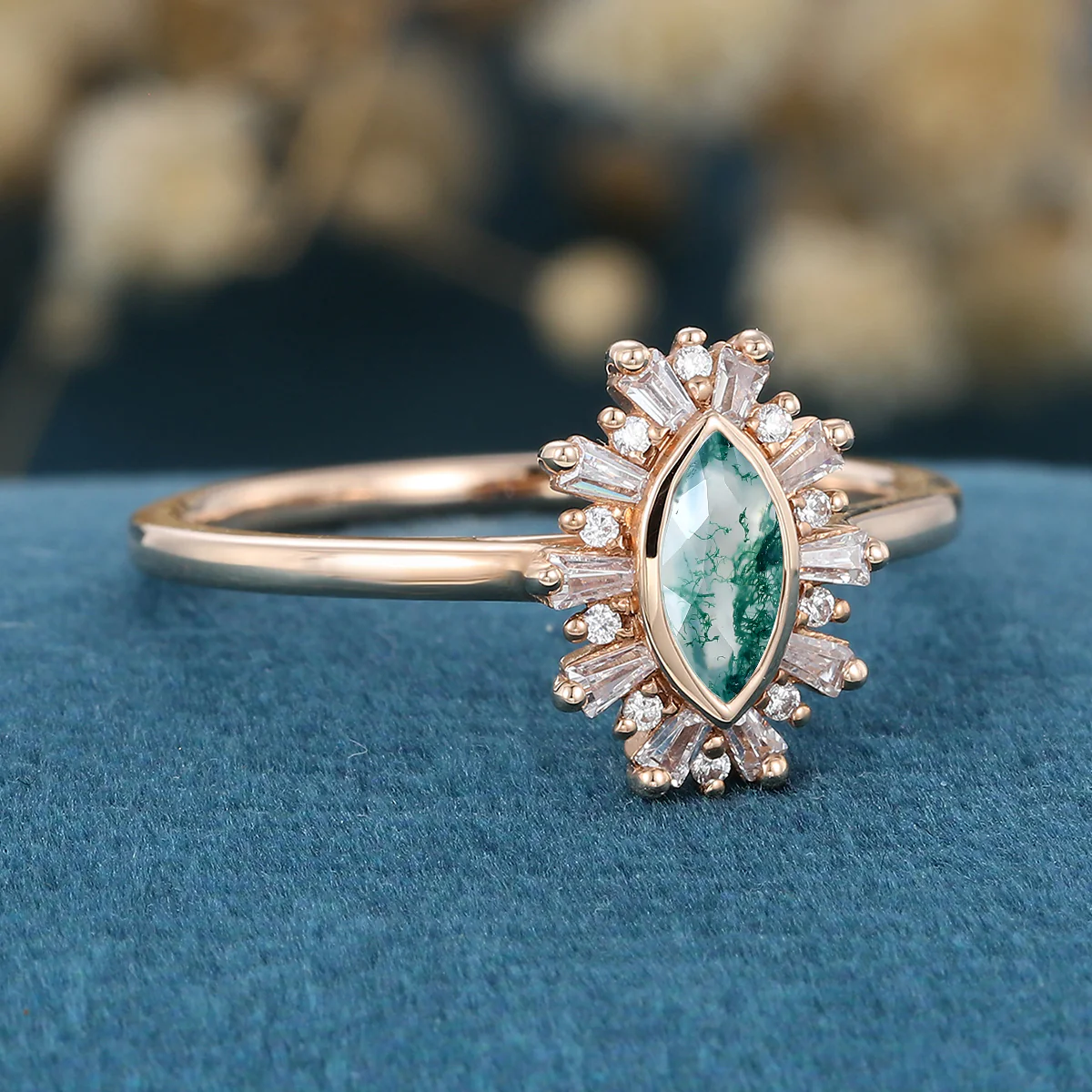 Bezel setting Marquise cut Moss Agate Halo Moissanite | Diamond Gold Engagement Ring - Image 4