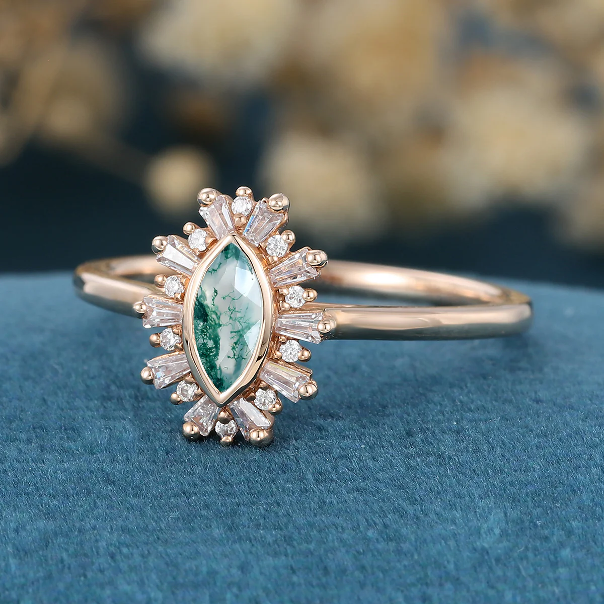 Bezel setting Marquise cut Moss Agate Halo Moissanite | Diamond Gold Engagement Ring - Image 5