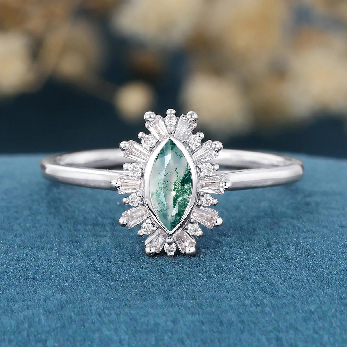 Bezel setting Marquise cut Moss Agate Halo Moissanite | Diamond Gold Engagement Ring - Image 6